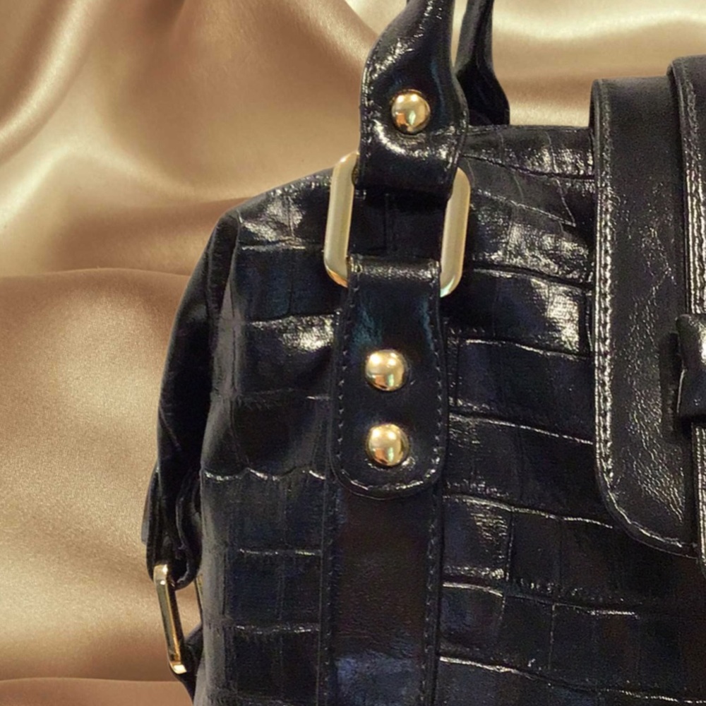 NEW ZAMPONI Moda Bucket Bag Secchiello Made in Italy, Black Croc Pattern - Picture 2 of 14